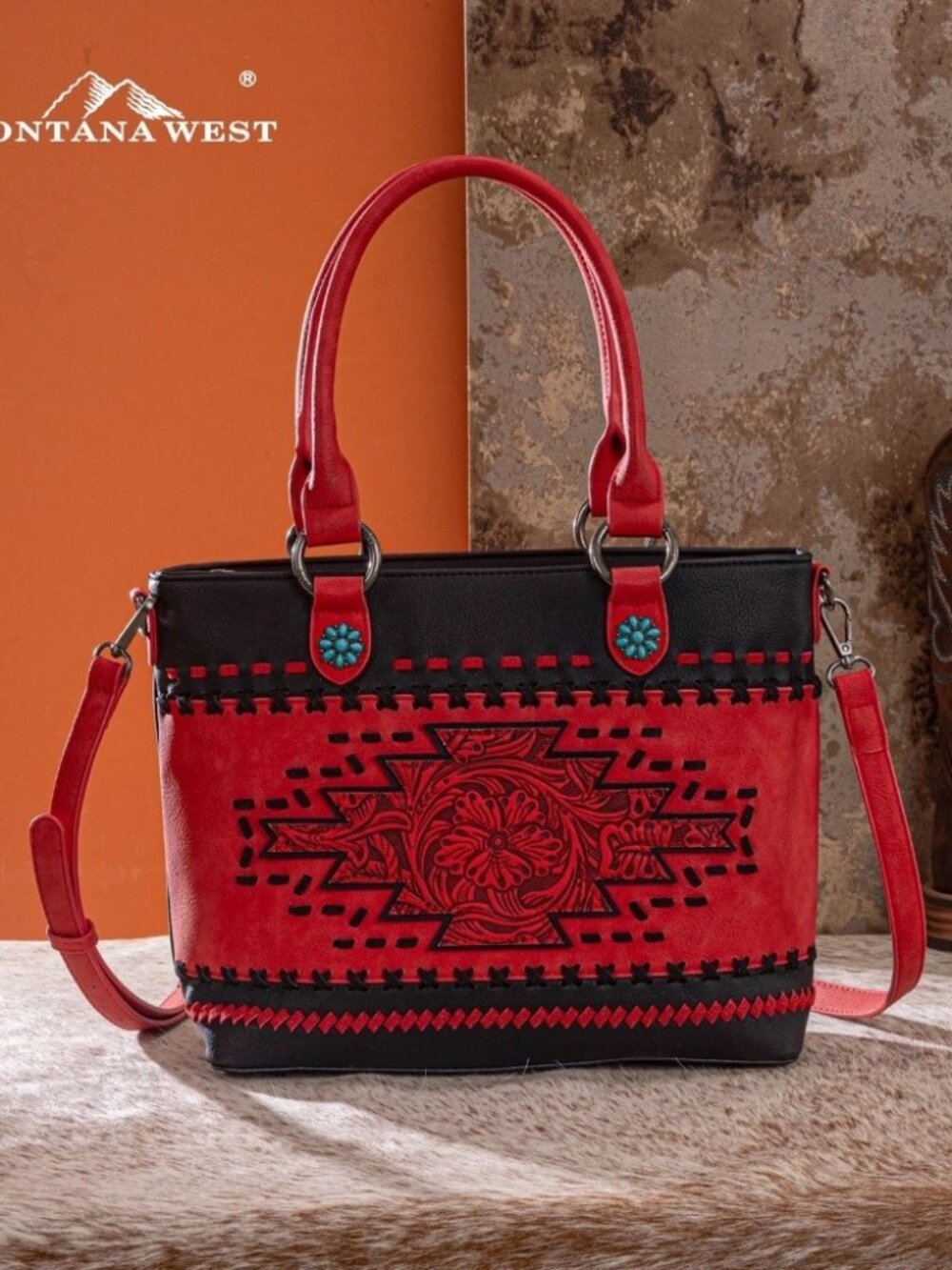 Montana West Western Tooled Aztec Concealed Carry Tote/Crossbody Black